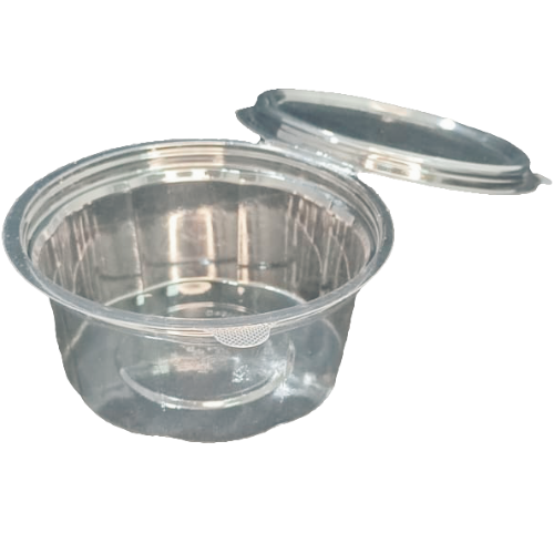 TARRINA PLASTICO RPET TRANSPARENTE TAPA UNIDA (BISAGRA) REDONDA 350cc 120x53mm PARA QUESO