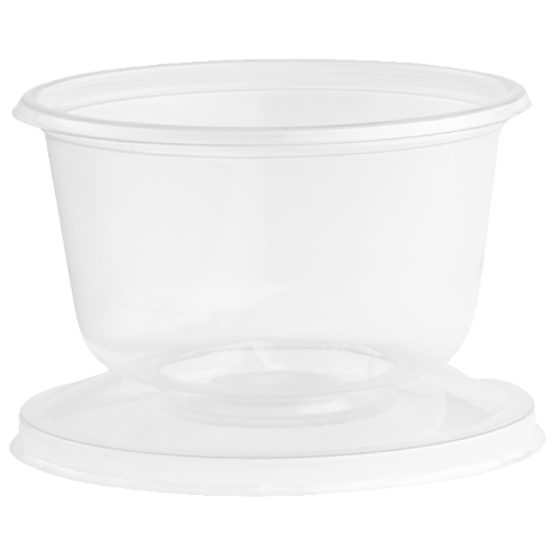 COPA PLASTICO 70% R-PET reciclado TRANSPARENTE MODELO VENECIA CON TAPA/PIE 150cc 5onzas 72X60mm