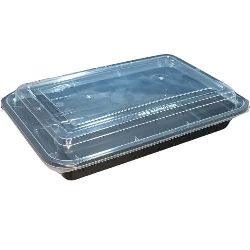 ENVASE REUTILIZABLE PLASTICO PP/POLIPROPILENO BASE NEGRA+TAPA TRANSPARENTE RECTANGULAR 850cc 28onzas 223x154x50mm