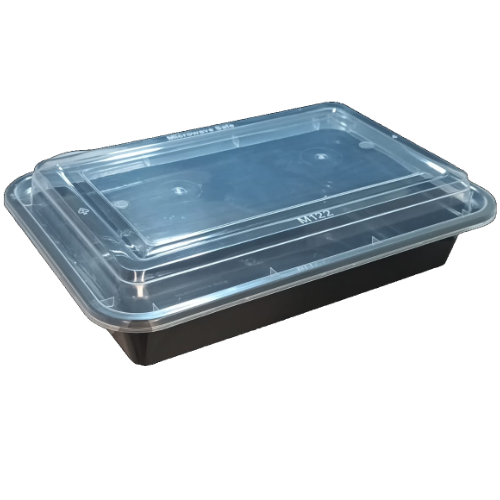 ENVASE REUTILIZABLE PLASTICO PP/POLIPROPILENO BASE NEGRA+TAPA TRANSPARENTE RECTANGULAR 1000cc 32onzas 223x154x58mm