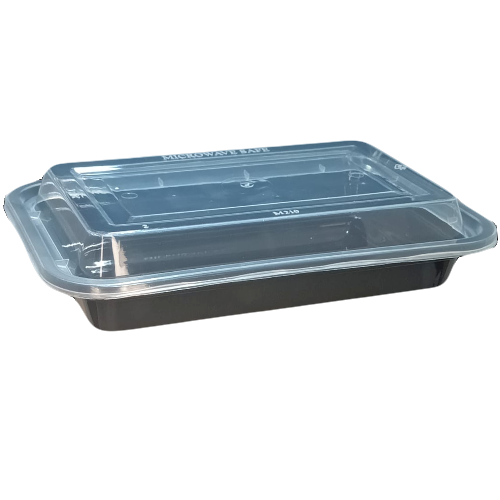 ENVASE REUTILIZABLE PLASTICO PP/POLIPROPILENO BASE NEGRA+TAPA TRANSPARENTE RECTANGULAR 500cc 16onzas 186x128x46mm