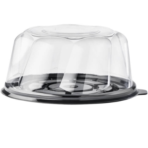 ENVASES PLASTICO 70% RPET ALTA VISIBILIDAD BASE NEGRA REDONDOS 280mm+TAPA TRANSPARENTE 120mm DE ALTURA PARA TARTAS