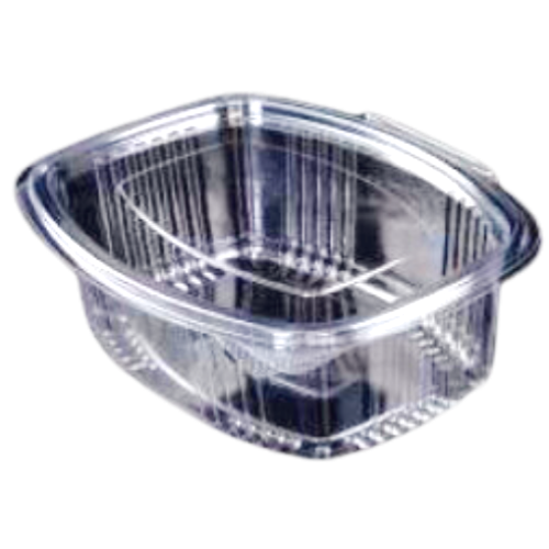 ENVASE PLASTICO 80% R-PET reciclado TRANSPARENTE TAPA UNIDA(BISAGRA) OVALADO 500cc 157X125X55mm