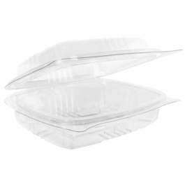 ENVASE TRANSPARENTE R-PET 100% reciclado TAPA ALTA UNIDA (BISAGRA) 370cc 150x130x58mm