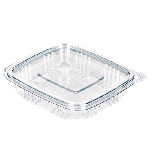 ENVASE PLASTICO 80% R-PET reciclado TRANSPARENTE TAPA UNIDA(BISAGRA) CUADRADO 150cc 104X114X25mm