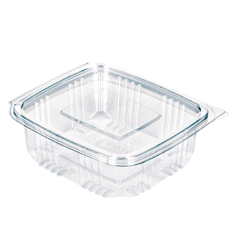 ENVASE PLASTICO 80% R-PET reciclado TRANSPARENTE TAPA UNIDA(BISAGRA) CUADRADO 250cc 104X114X37mm