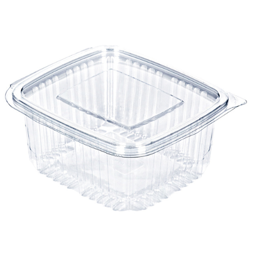 ENVASE PLASTICO 80% R-PET reciclado TRANSPARENTE TAPA UNIDA(BISAGRA) CUADRADO 500cc 117X127X57mm