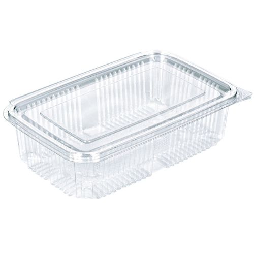 ENVASE PLASTICO 80% R-PET reciclado TRANSPARENTE TAPA UNIDA(BISAGRA) RECTANGULAR 750cc 126X194X50mm