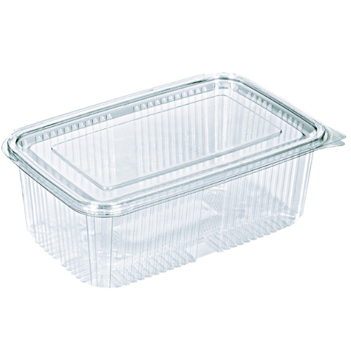 ENVASE PLASTICO 80% R-PET reciclado TRANSPARENTE TAPA UNIDA(BISAGRA) RECTANGULAR 1000cc 126X194X66mm