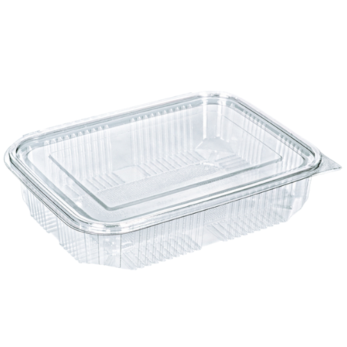 ENVASE PLASTICO 80% R-PET reciclado TRANSPARENTE TAPA UNIDA(BISAGRA) RECTANGULAR 1250cc 173X225X47mm