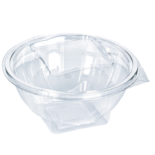 ENVASE PLASTICO 80% R-PET reciclado TRANSPARENTE TAPA UNIDA(BISAGRA) REDONDO 500cc 145X77mm PARA ENSALADAS