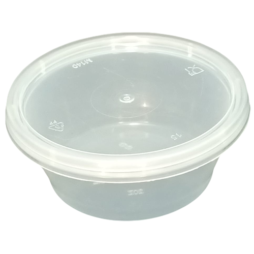 TARRINA PLASTICO PP/POLIPROPILENO TRANSPARENTE + TAPA REDONDA 60cc 2onzas 63.5x30,5mm PARA SALSAS