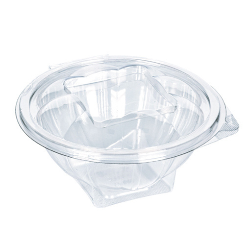ENVASE PLASTICO 100% R-PET reciclado TRANSPARENTE TAPA UNIDA(BISAGRA) REDONDO 250cc 125X65mm PARA POSTRES