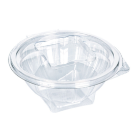 ENVASE PLASTICO 100% R-PET reciclado TRANSPARENTE TAPA UNIDA(BISAGRA) REDONDO 250cc 125X65mm PARA POSTRES
