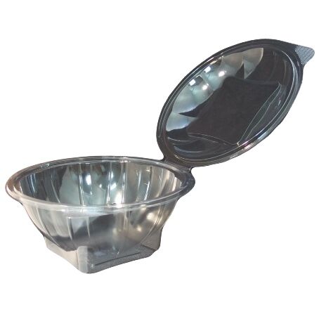 ENVASE PLASTICO 100% R-PET reciclado TRANSPARENTE TAPA UNIDA(BISAGRA) REDONDO 250cc 125X65mm PARA POSTRES