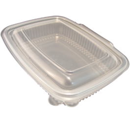 ENVASE PLASTICO PP/POLIPROPILENO TRANSPARENTE TAPA UNIDA (BISAGRA) OVALADO 600cc 187x144x42mm REUTILIZABLE