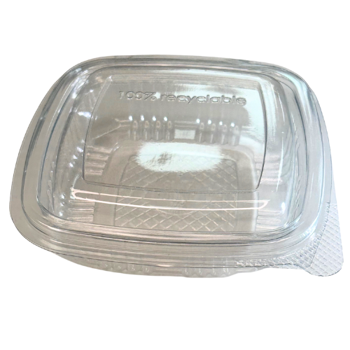 ENVASE PLASTICO 80% R-PET reciclado TRANSPARENTE TAPA UNIDA(BISAGRA) CUADRADO 125cc 117X112X29mm