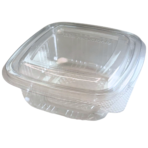 ENVASE PLASTICO 80% R-PET reciclado TRANSPARENTE TAPA UNIDA(BISAGRA) CUADRADO 375cc 134X128X48mm