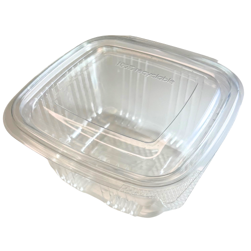 ENVASE PLASTICO 80% R-PET reciclado TRANSPARENTE TAPA UNIDA(BISAGRA) CUADRADO 375cc 134X128X48mm