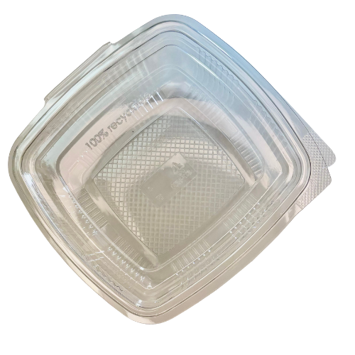 ENVASE PLASTICO 80% R-PET reciclado TRANSPARENTE TAPA UNIDA(BISAGRA) CUADRADO 375cc 134X128X48mm