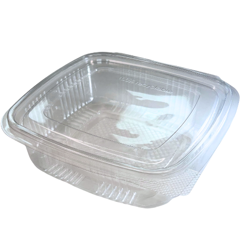 ENVASE PLASTICO 80% RPET TRANSPARENTE TAPA UNIDA(BISAGRA) CUADRADO 1000cc 175X166X66mm