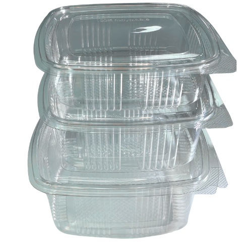 ENVASE PLASTICO 80% RPET TRANSPARENTE TAPA UNIDA(BISAGRA) CUADRADO 1000cc 175X166X66mm