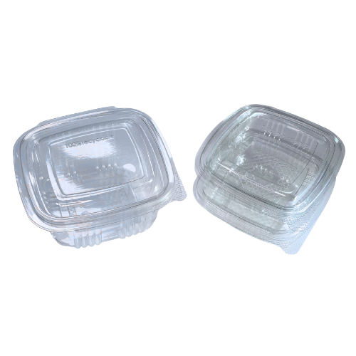 ENVASE PLASTICO 80% R-PET reciclado TRANSPARENTE TAPA UNIDA(BISAGRA) CUADRADO 375cc 134X128X48mm