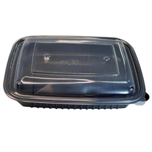 ENVASE REUTILIZABLE PLASTICO PP/POLIPROPILENO BASE NEGRA +TAPA TRANSPARENTE RECTANGULAR 1200cc 40onzas 250x185x40/19mm
