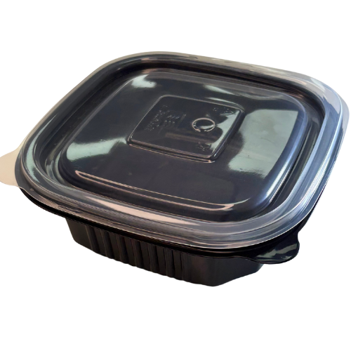ENVASE REUTILIZABLE PLASTICO PP/POLIPROPILENO BASE NEGRA +TAPA TRANSPARENTE RECTANGULAR 400cc 14onzas 136x136x43mm