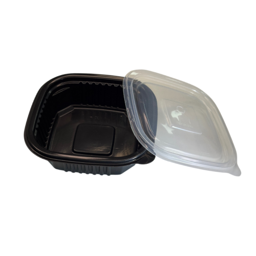 ENVASE REUTILIZABLE PLASTICO PP/POLIPROPILENO BASE NEGRA +TAPA TRANSPARENTE RECTANGULAR 400cc 14onzas 136x136x43mm