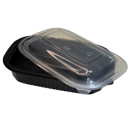 ENVASE REUTILIZABLE PLASTICO PP/POLIPROPILENO BASE NEGRA +TAPA TRANSPARENTE RECTANGULAR 650cc 22onzas 221x151x25/19mm