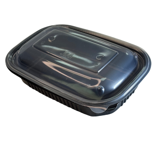 ENVASE REUTILIZABLE PLASTICO PP/POLIPROPILENO BASE NEGRA +TAPA TRANSPARENTE RECTANGULAR 650cc 22onzas 221x151x25/19mm
