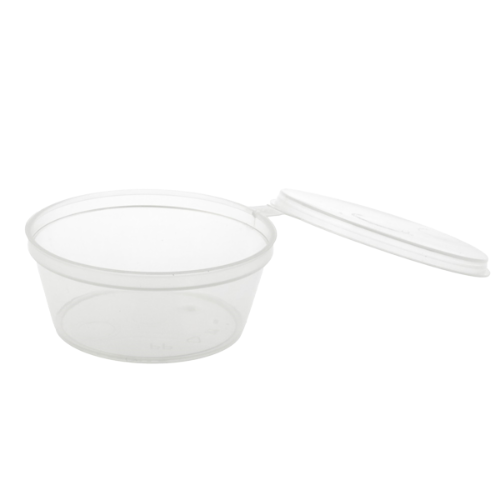 TARRINA PLASTICO PP/POLIPROPILENO INYECTADO TRANSLUCIDA TAPA UNIDA(BISAGRA) REDONDO 30cc 1onza 50X25mm PARA SALSAS