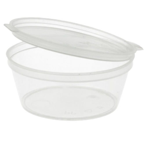 TARRINA PLASTICO PP/POLIPROPILENO INYECTADO TRANSLUCIDA TAPA UNIDA(BISAGRA) REDONDO 30cc 1onza 50X25mm PARA SALSAS