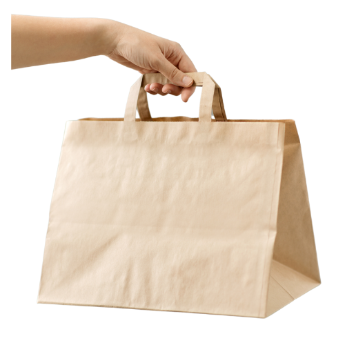 BOLSA sos PAPEL KRAFT MARRON BASE RECTANGULAR CON ASA PLANA 32+20X22cm EXTRA ANCHA