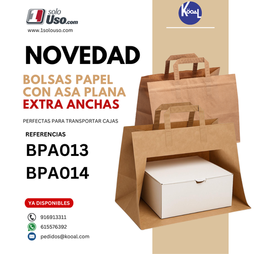 BOLSA sos PAPEL KRAFT MARRON BASE RECTANGULAR CON ASA PLANA 32+20X22cm EXTRA ANCHA