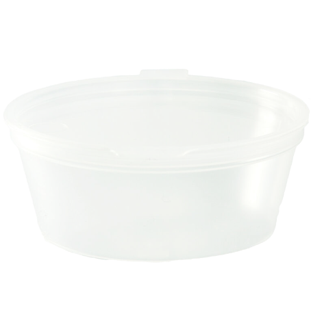 TARRINA PLASTICO PP/POLIPROPILENO INYECTADO TRANSLUCIDO TAPA UNIDA(BISAGRA) REDONDO 90cc 3onzas 76.8X27.6mm PARA SALSAS