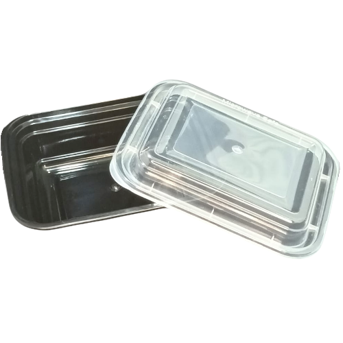 ENVASE REUTILIZABLE PLASTICO PP/POLIPROPILENO BASE NEGRA+TAPA TRANSPARENTE RECTANGULAR 370cc 12onzas 142x116x49mm