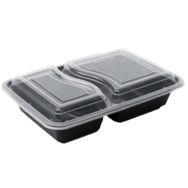 ENVASE REUTILIZABLE PLASTICO PP/POLIPROPILENO 2 compartimentos BASE NEGRA +TAPA TRANSPARENTE RECTANGULAR 690cc 223x154x57mm