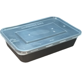 ENVASE REUTILIZABLE PLASTICO PP/POLIPROPILENO BASE NEGRA +TAPA TRANSPARENTE RECTANGULAR 500cc 16onzas 176x124x40mm
