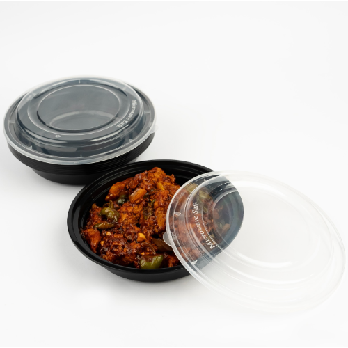 ENVASE REUTILIZABLE PLASTICO PP/POLIPROPILENO BASE NEGRA +TAPA TRANSPARENTE REDONDO 500cc 16onzas 158x53mm