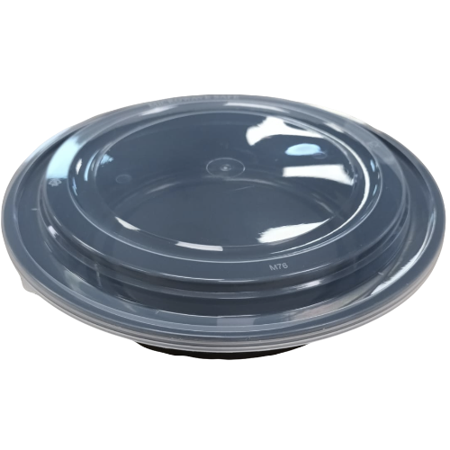 ENVASE REUTILIZABLE PLASTICO PP/POLIPROPILENO PLATO BASE NEGRA+TAPA TRANSPARENTE REDONDO 1500cc 48onzas 234x58mm