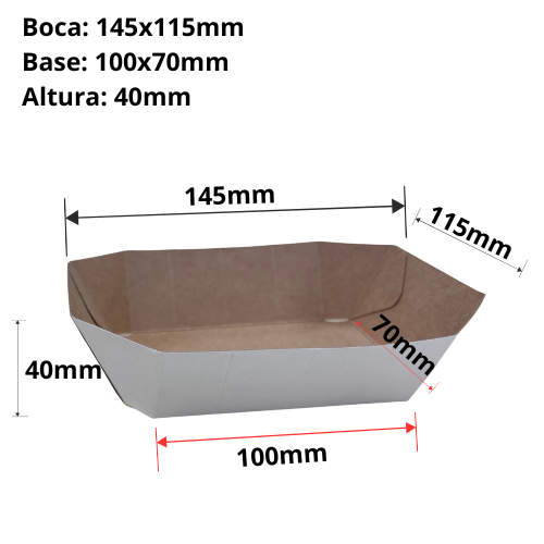 BANDEJA/BARQUETA FRUTA FRESCA CARTON BLANCA interior kraft RECTANGULAR 145X115X40mm fondo 100x70mm