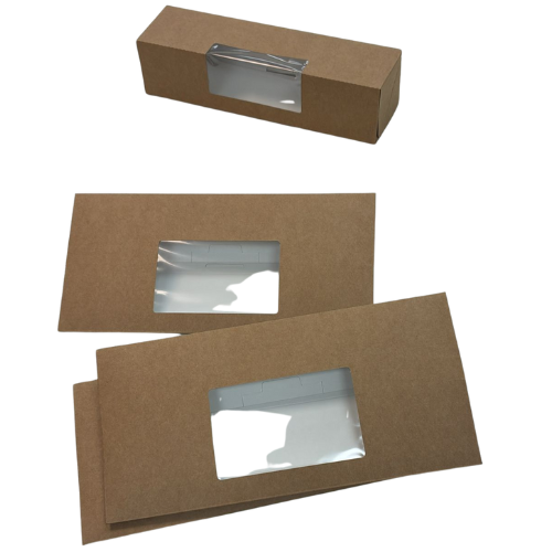 CAJA BOCADILLO CON VENTANA CARTONCILLO FOLDING KRAFT interior blanco 306x70x80mm
