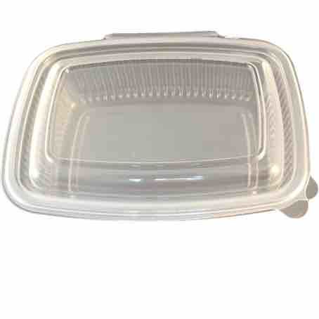 ENVASE PLASTICO PP/POLIPROPILENO TRANSPARENTE TAPA UNIDA(BISAGRA) OVALADO 500cc 143X126X55mm REUTILIZABLE