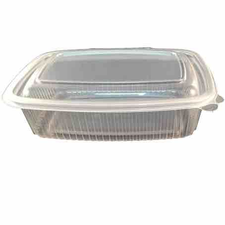 ENVASE PLASTICO PP/POLIPROPILENO TRANSPARENTE TAPA UNIDA(BISAGRA) OVALADO 500cc 143X126X55mm REUTILIZABLE