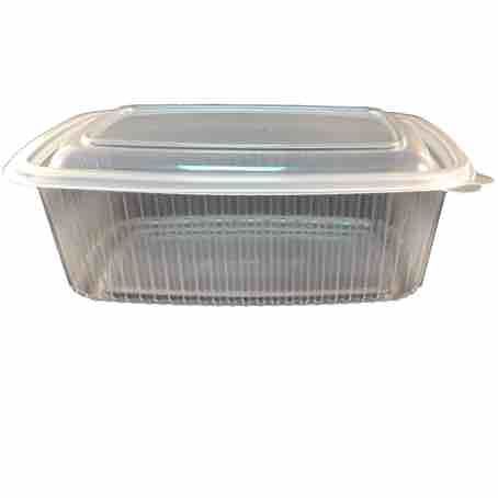 ENVASE PLASTICO PP/POLIPROPILENO TRANSPARENTE TAPA UNIDA(BISAGRA) OVALADO 500cc 143X126X55mm REUTILIZABLE