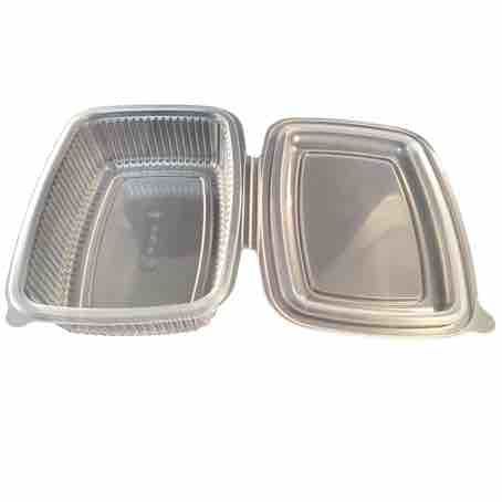 ENVASE PLASTICO PP/POLIPROPILENO TRANSPARENTE TAPA UNIDA(BISAGRA) OVALADO 500cc 143X126X55mm REUTILIZABLE