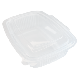 ENVASE PLASTICO PP/POLIPROPILENO TRANSPARENTE TAPA UNIDA(BISAGRA) OVALADO 500cc 143X126X55mm REUTILIZABLE