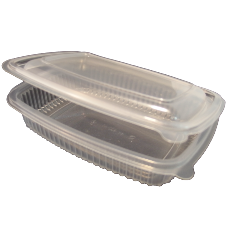 ENVASE PP/POLIPROPILENO TRANSPARENTE TAPA UNIDA (BISAGRA) OVALADO 600cc 145x191x44mm REUTILIZABLE